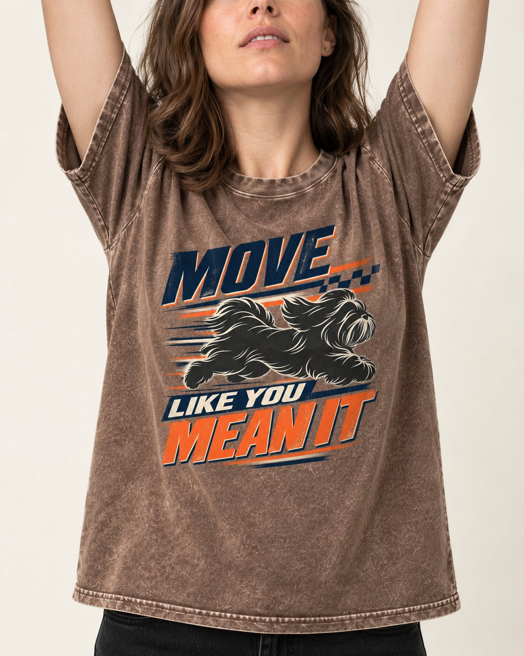 Move and Mean It Shih Tzu Washed Tee in Coffee, worn by a model, front view