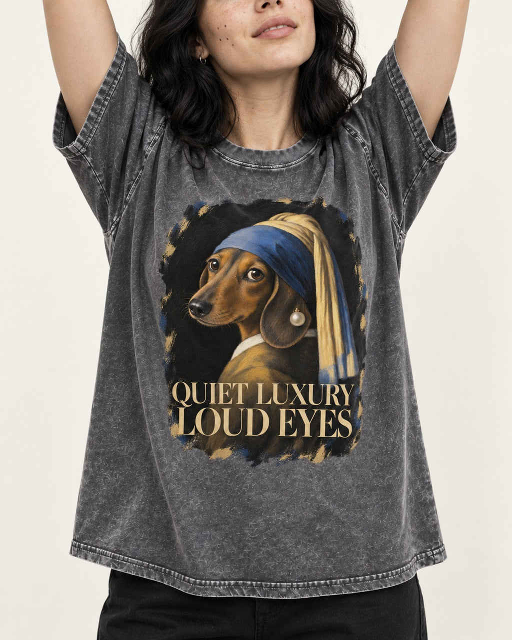 Dachshund Quiet Luxury Loud Eyes Pearl Portrait Graphic Washed Tee in Gray, worn by a model, front view