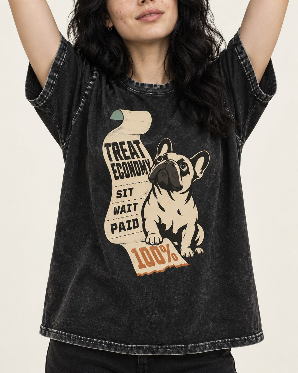 Frenchie Treat Economy Sit Wait Paid Receipt Graphic Washed Tee in Black, worn by a model, front view