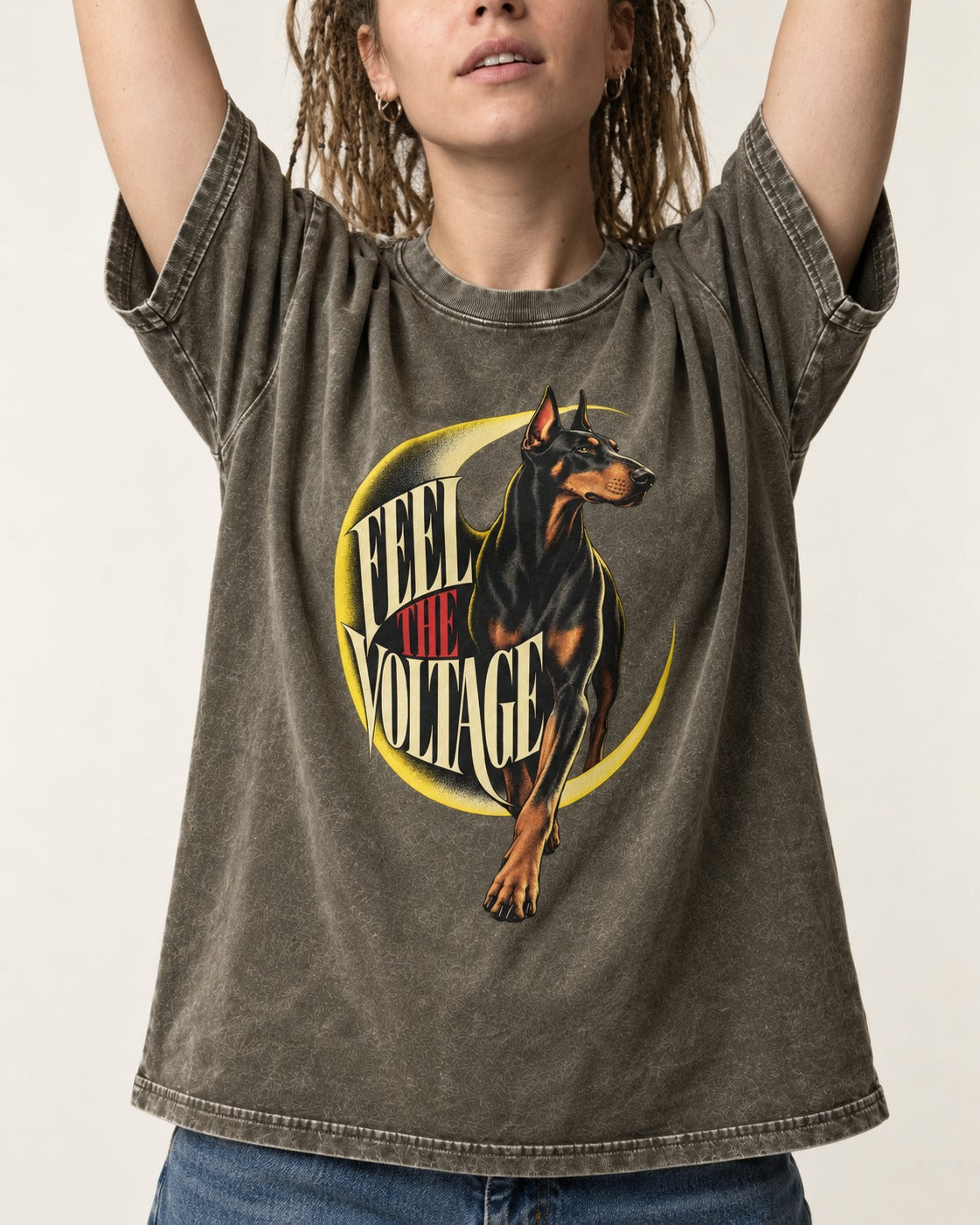 Doberman Feel the Voltage Crescent Portrait Graphic Washed Tee in Army Green, worn by a model, front view