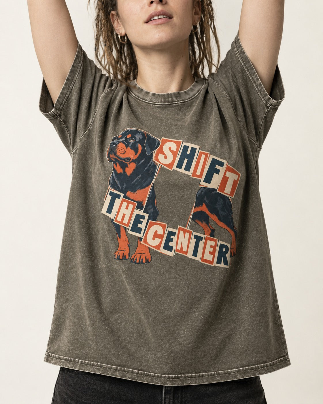 Rottweiler Shift the Center Cutout Letter Graphic Washed Tee in Army Green, worn by a model, front view