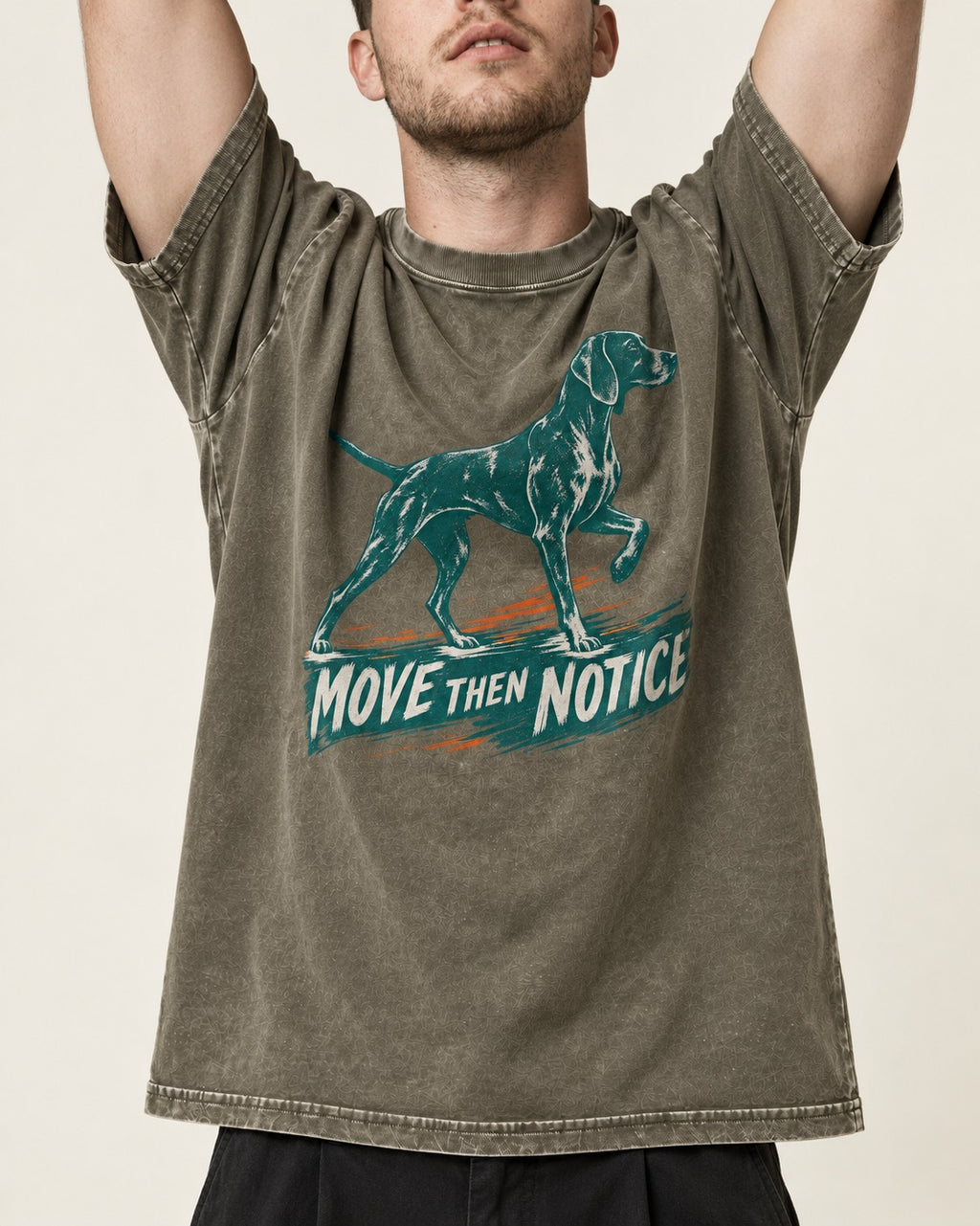 German Shorthaired Pointer Move Then Notice Brushstroke Graphic Washed Tee in Army Green, worn by a model, front view