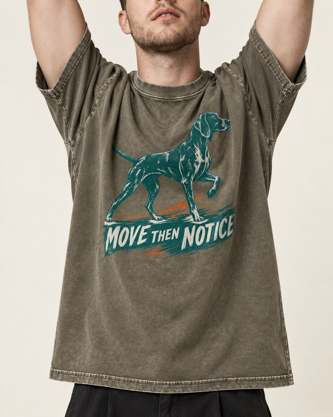 German Shorthaired Pointer Move Then Notice Brushstroke Graphic Washed Tee in Army Green, worn by a model, front view