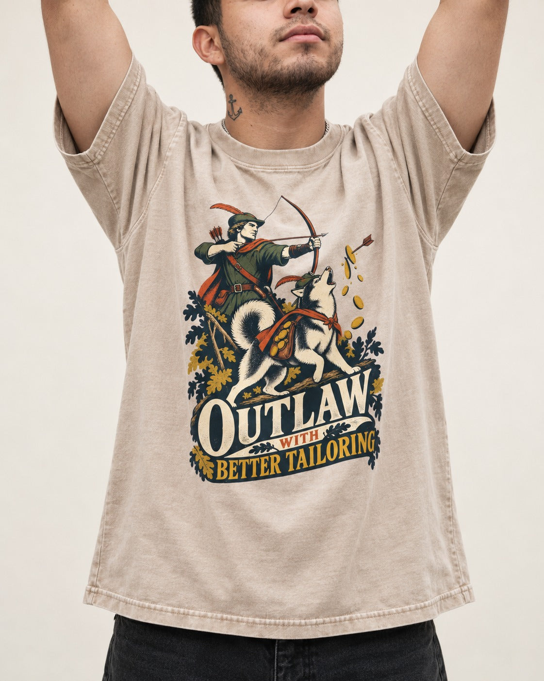 Husky Outlaw with Better Tailoring Washed Tee in Apricot, worn by a model, front view