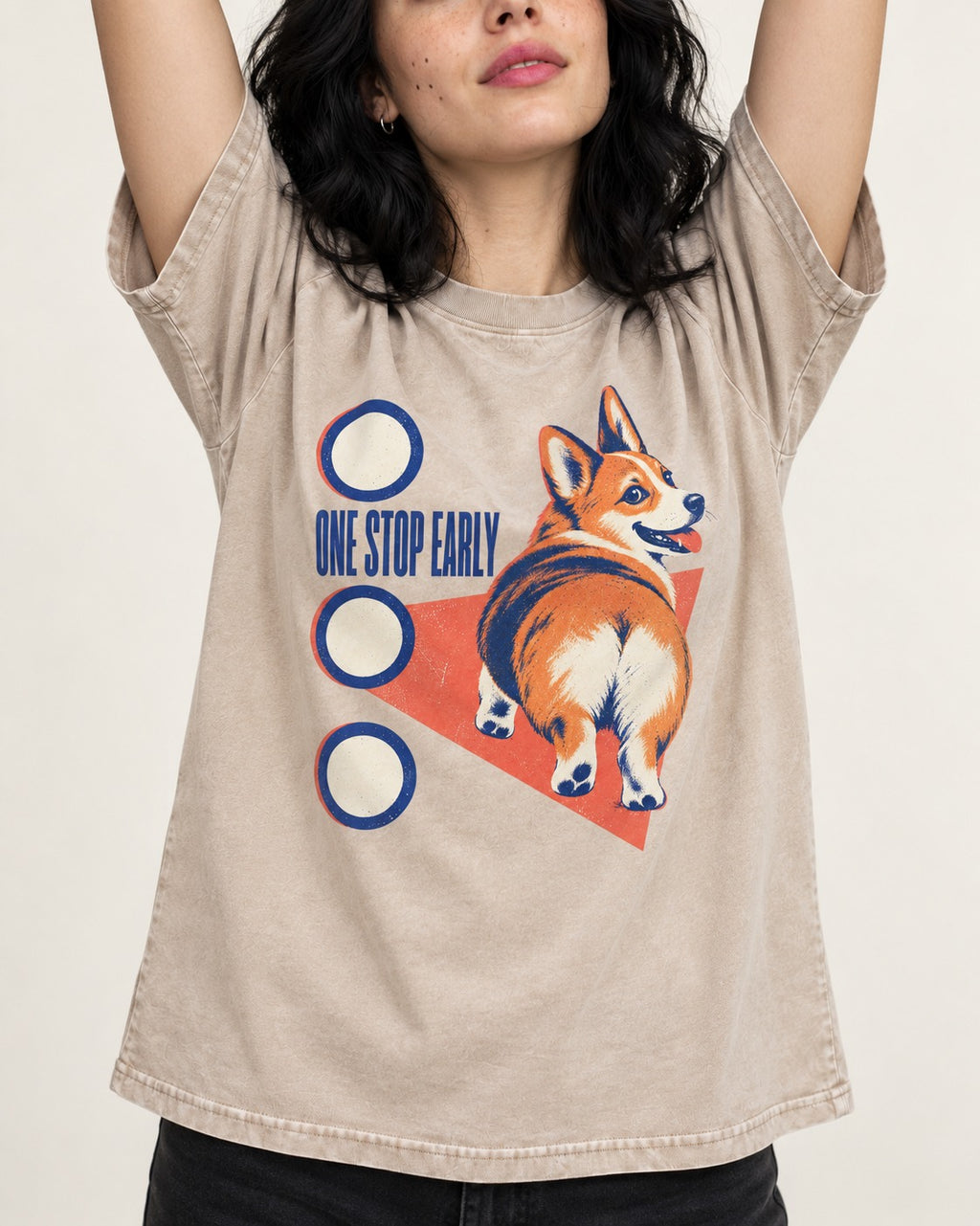 One Stop Early Corgi Washed Tee in Apricot, worn by a model, front view