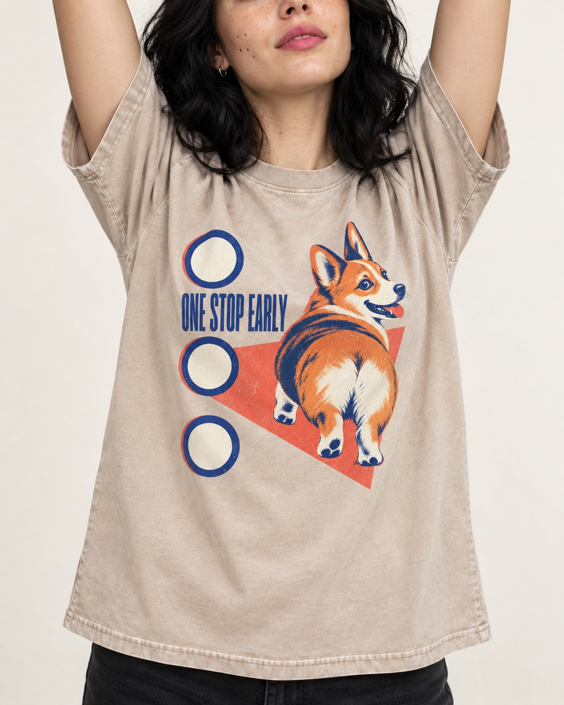 One Stop Early Corgi Washed Tee in Apricot, worn by a model, front view