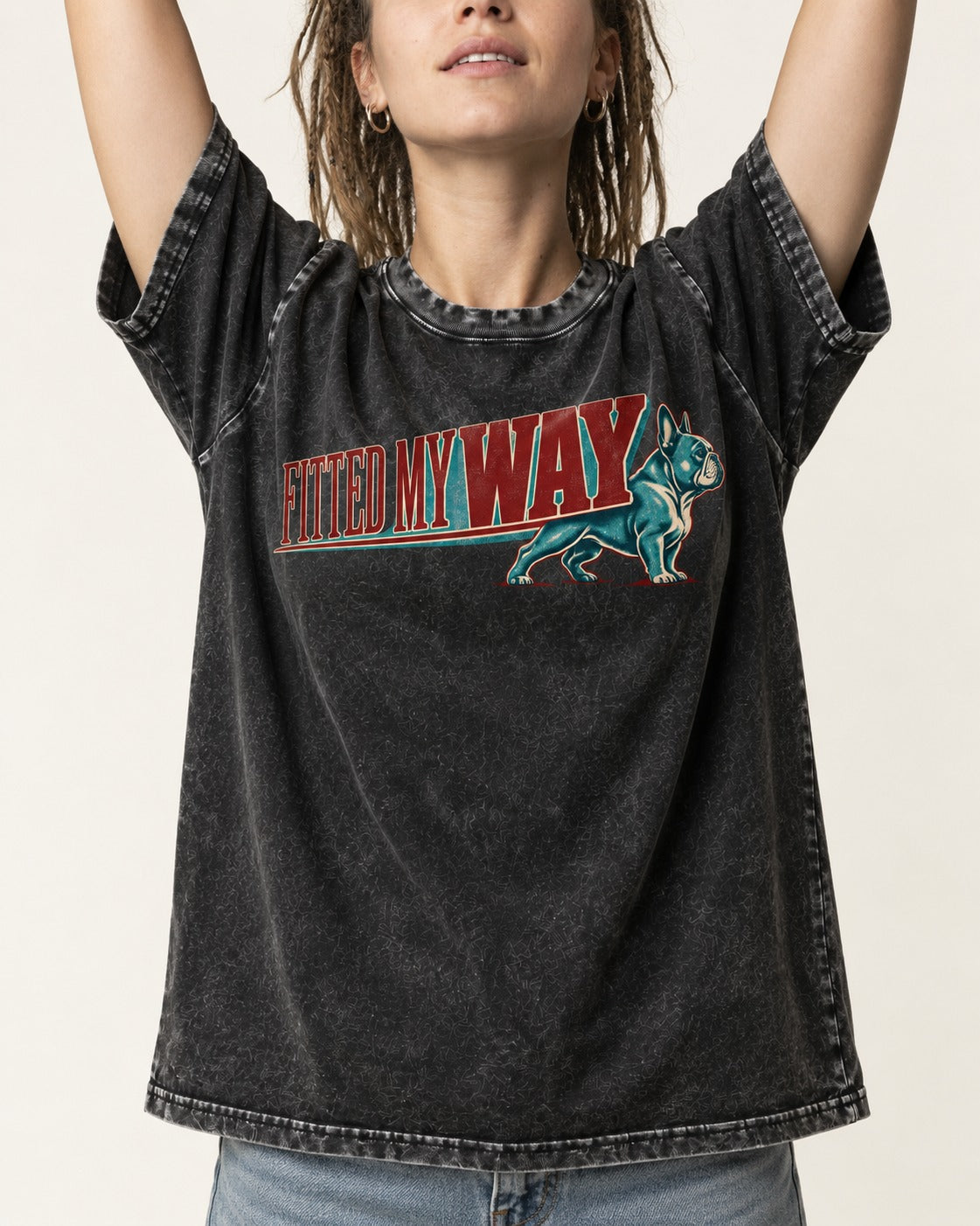 Frenchie Fitted My Way Collegiate Graphic Washed Tee in Black, worn by a model, front view
