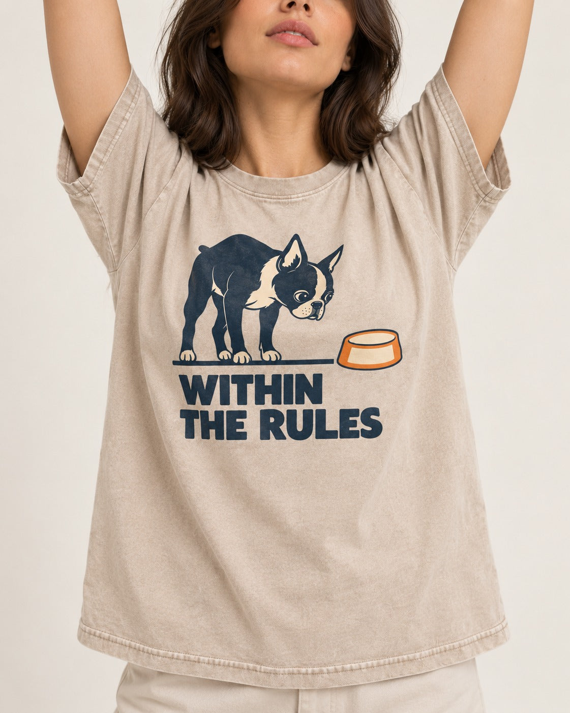Within the Rules Boston Terrier Washed Tee in Apricot, worn by a model, front view