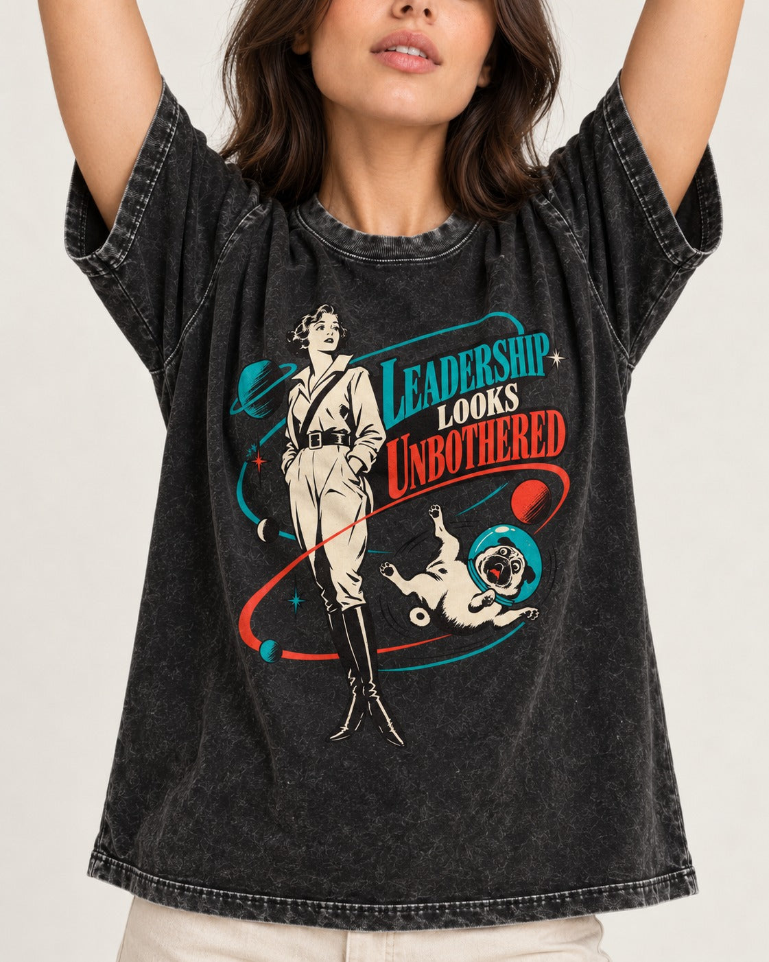 Pug Leadership Looks Unbothered Space Graphic Washed Tee in Black, worn by a model, front view