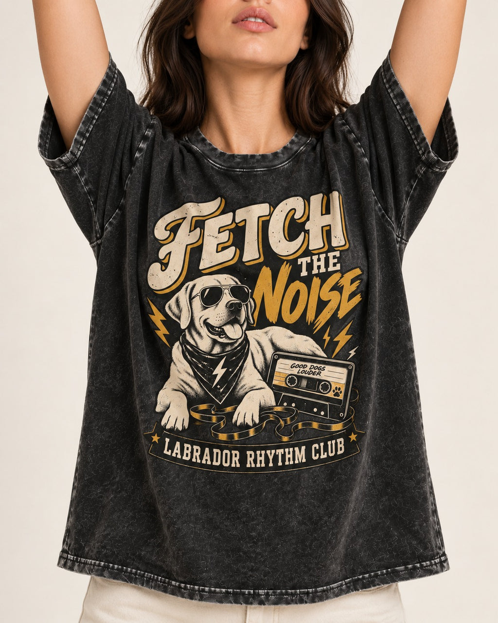 Labrador Retriever Fetch the Noise Rhythm Club DJ Graphic Washed Tee in Black, worn by a model, front view