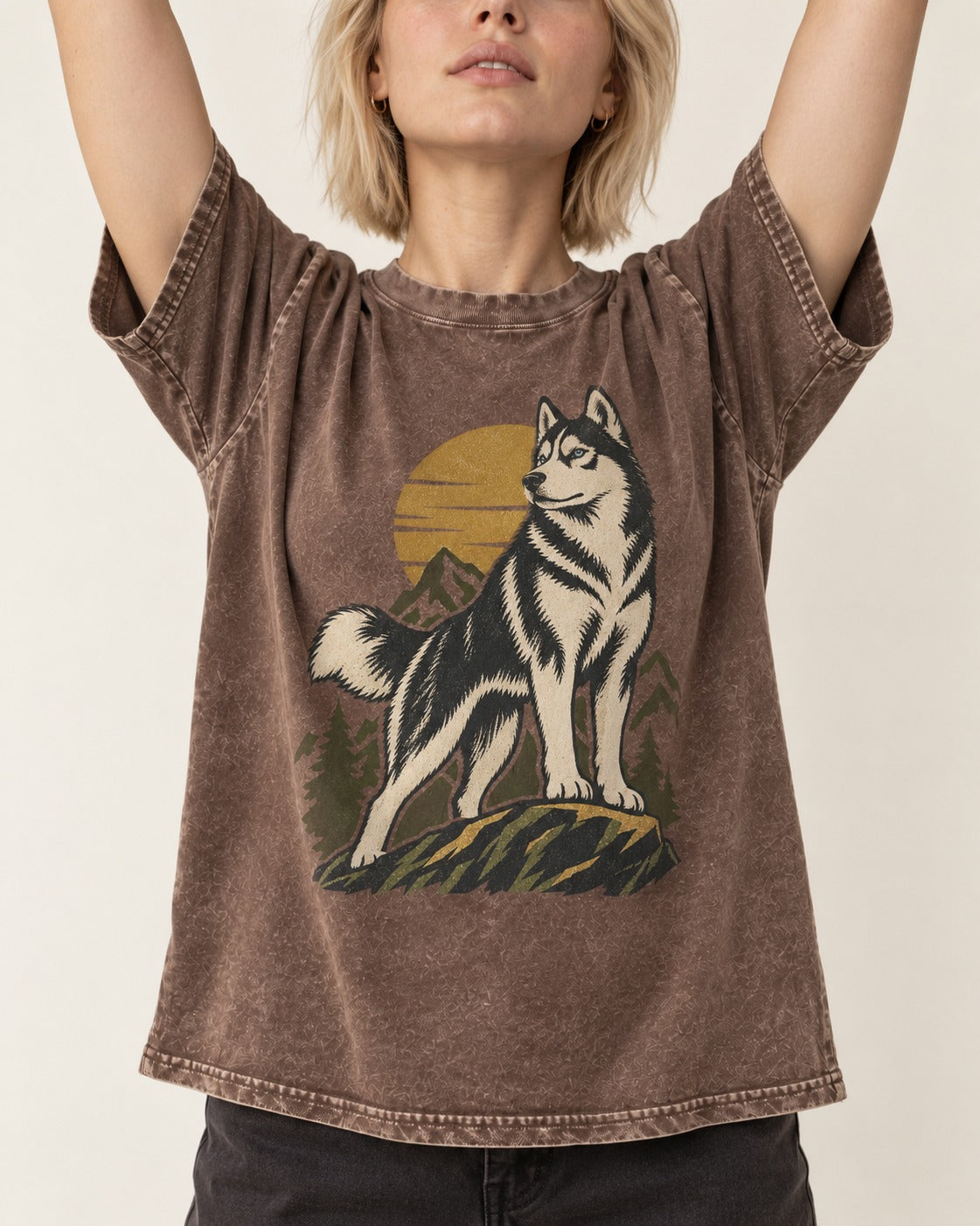 Husky Born to Roam Washed Tee in Coffee, worn by a model, front view
