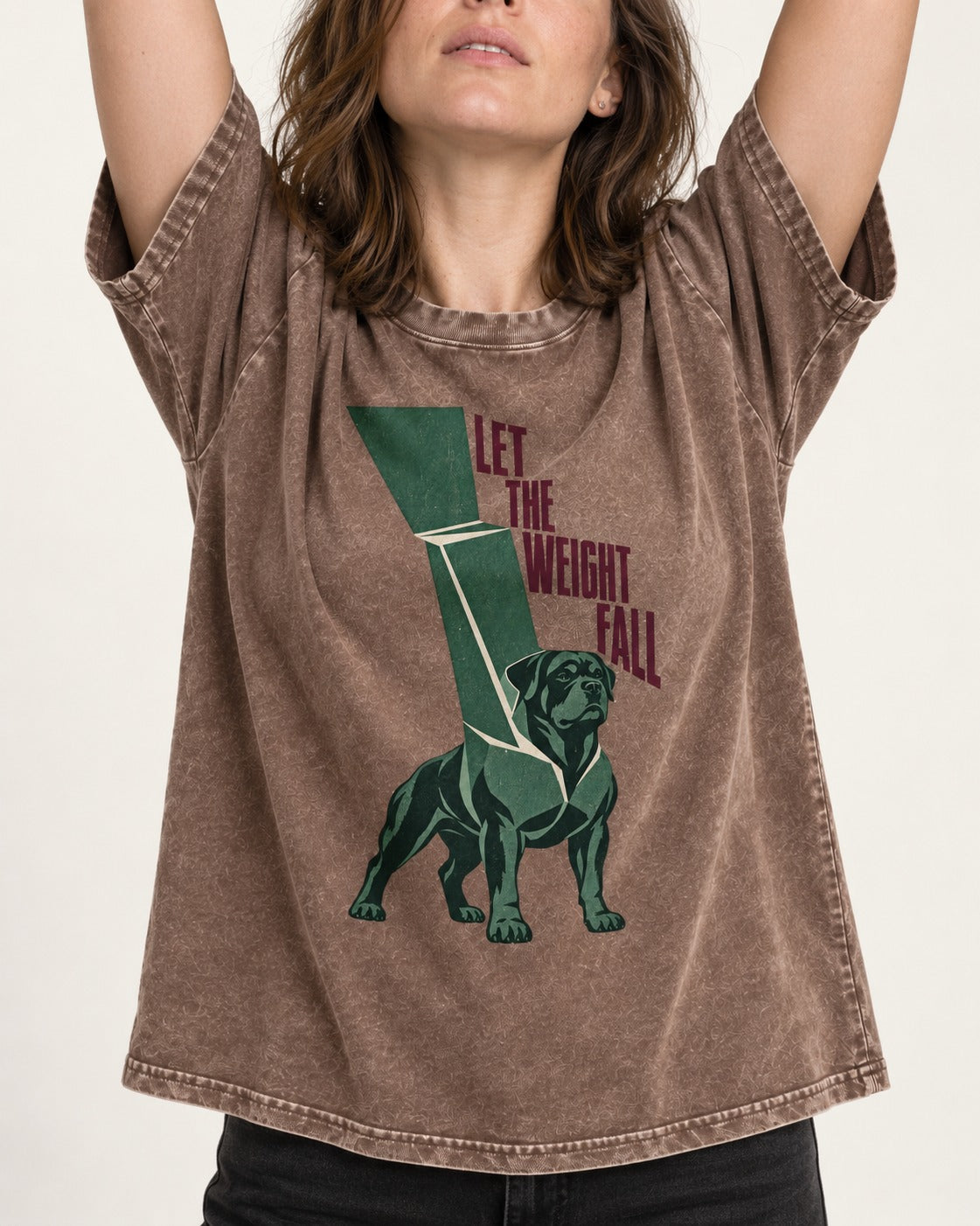 Let the Weight Fall Rottweiler Washed Tee in Coffee, worn by a model, front view