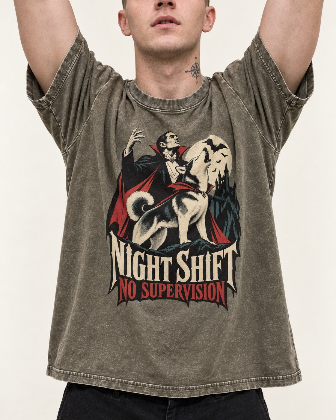Husky Night Shift No Supervision Vampire Graphic Washed Tee in Army Green, worn by a model, front view