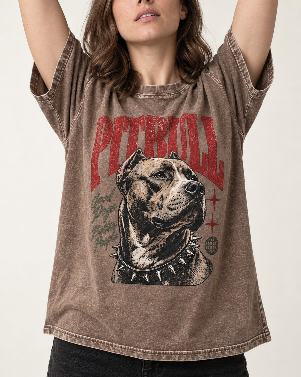 Pitbull Makes Better People Washed Tee in Coffee, worn by a model, front view