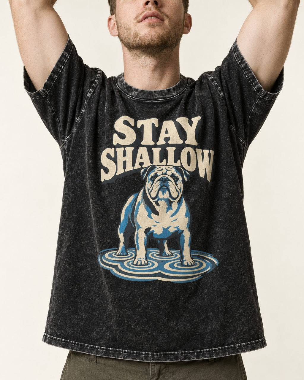 English Bulldog Stay Shallow Ripple Graphic Washed Tee in Black, worn by a model, front view