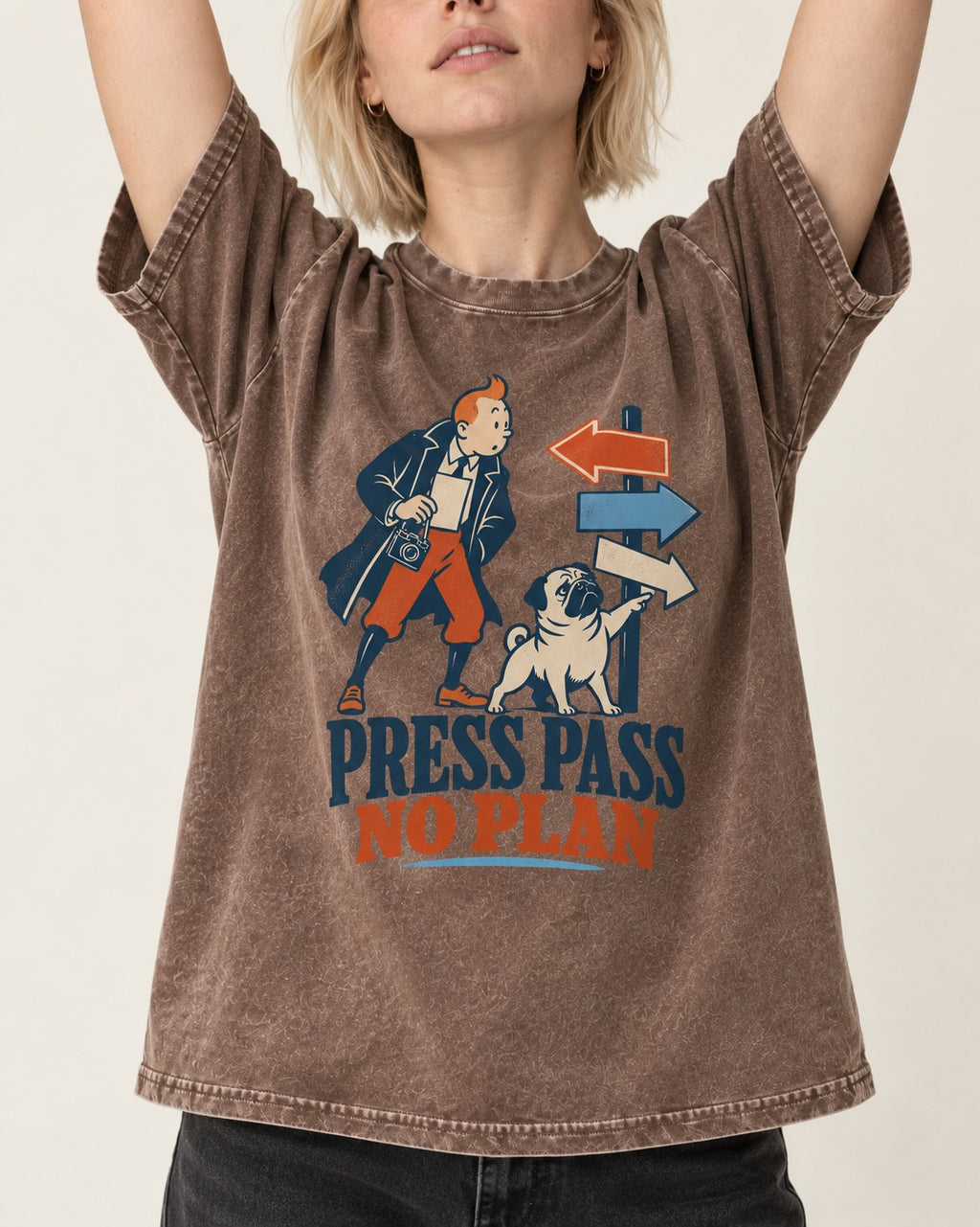 Pug Press Pass No Plan Washed Tee in Coffee, worn by a model, front view