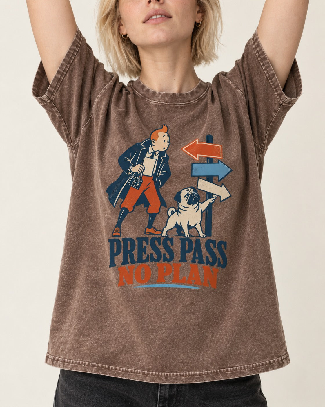 Pug Press Pass No Plan Washed Tee in Coffee, worn by a model, front view