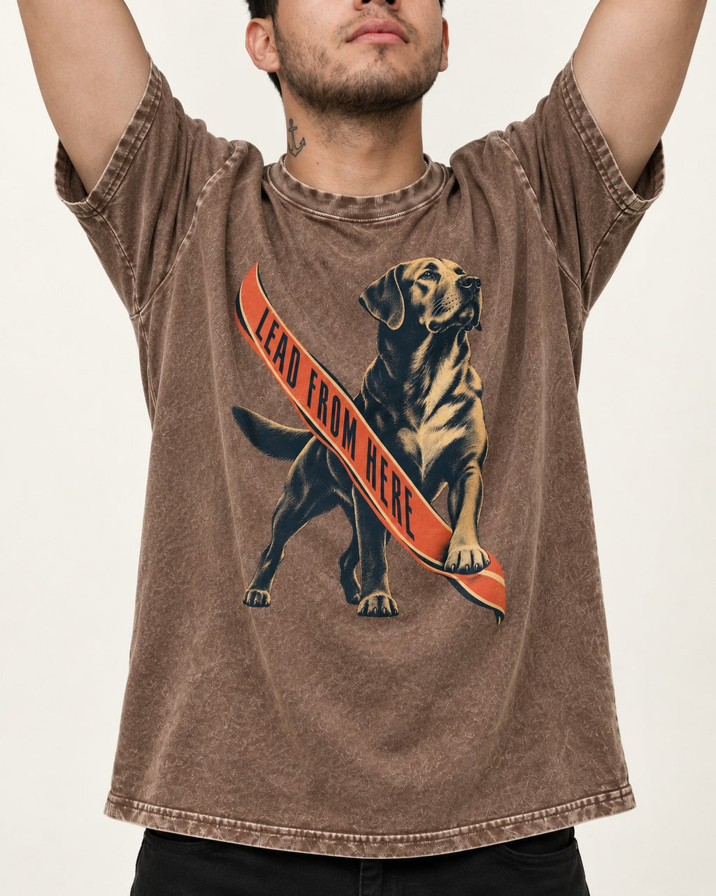 Lead From Here Labrador Retriever Washed Tee in Coffee, worn by a model, front view