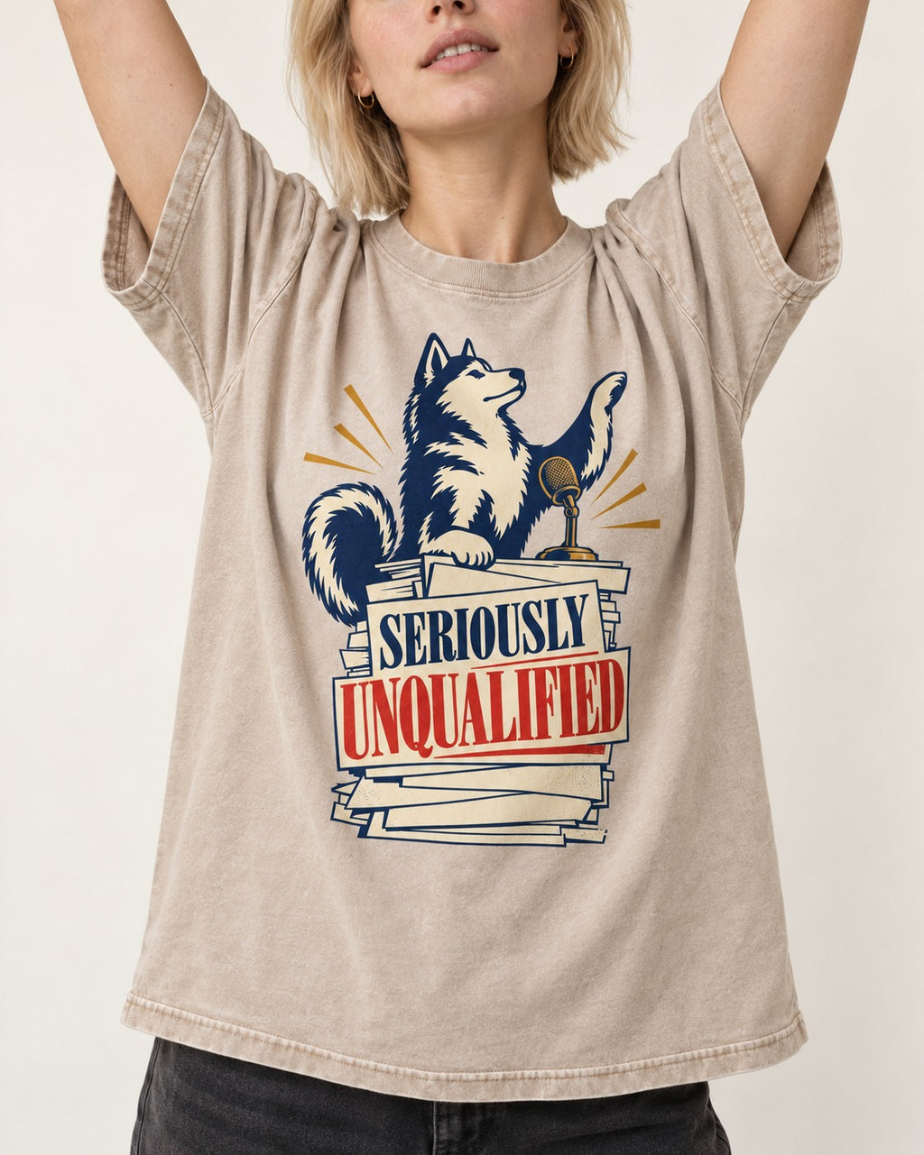Seriously Unqualified Husky Washed Tee in Apricot, worn by a model, front view