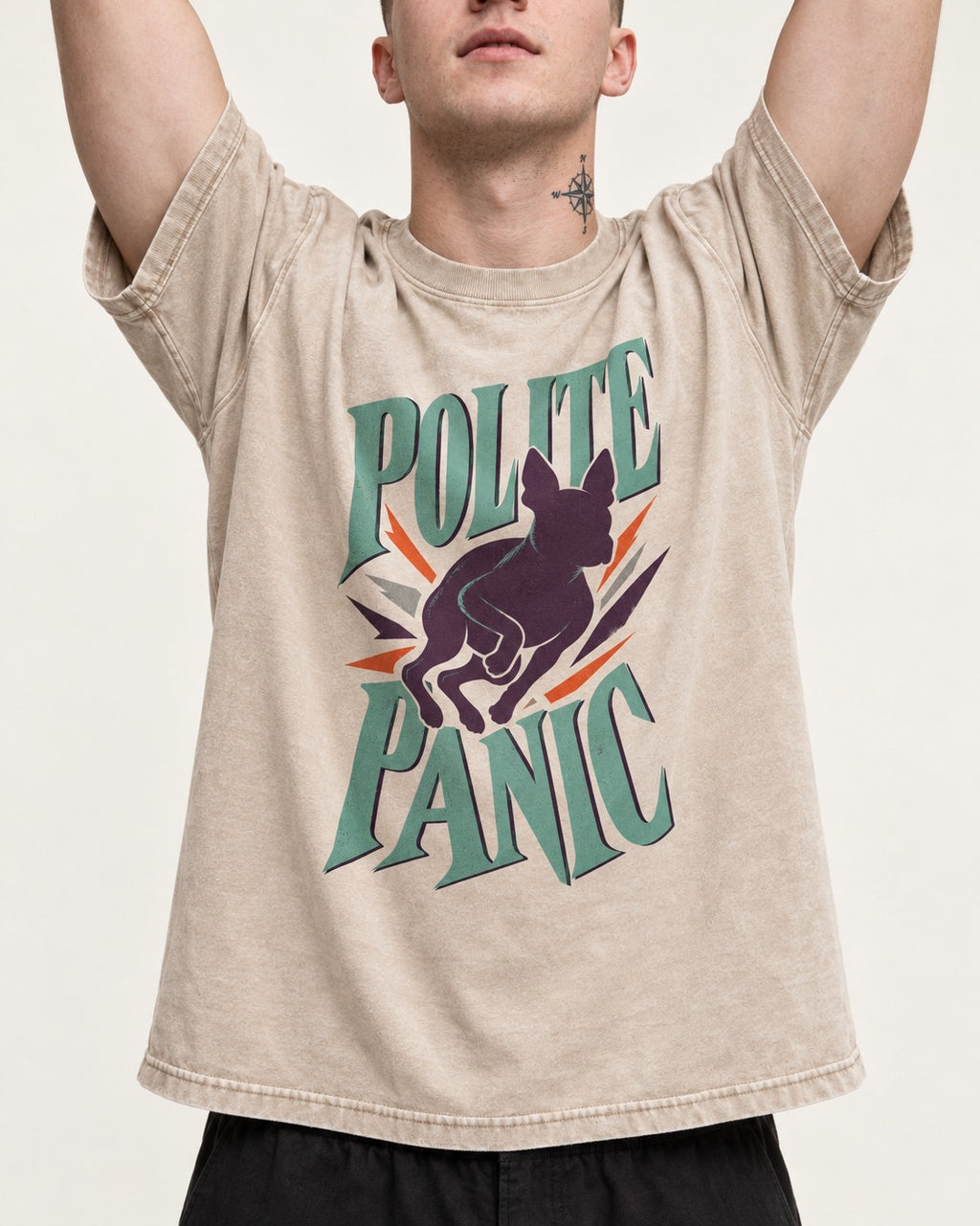 Polite Panic Boston Terrier Washed Tee in Apricot, worn by a model, front view