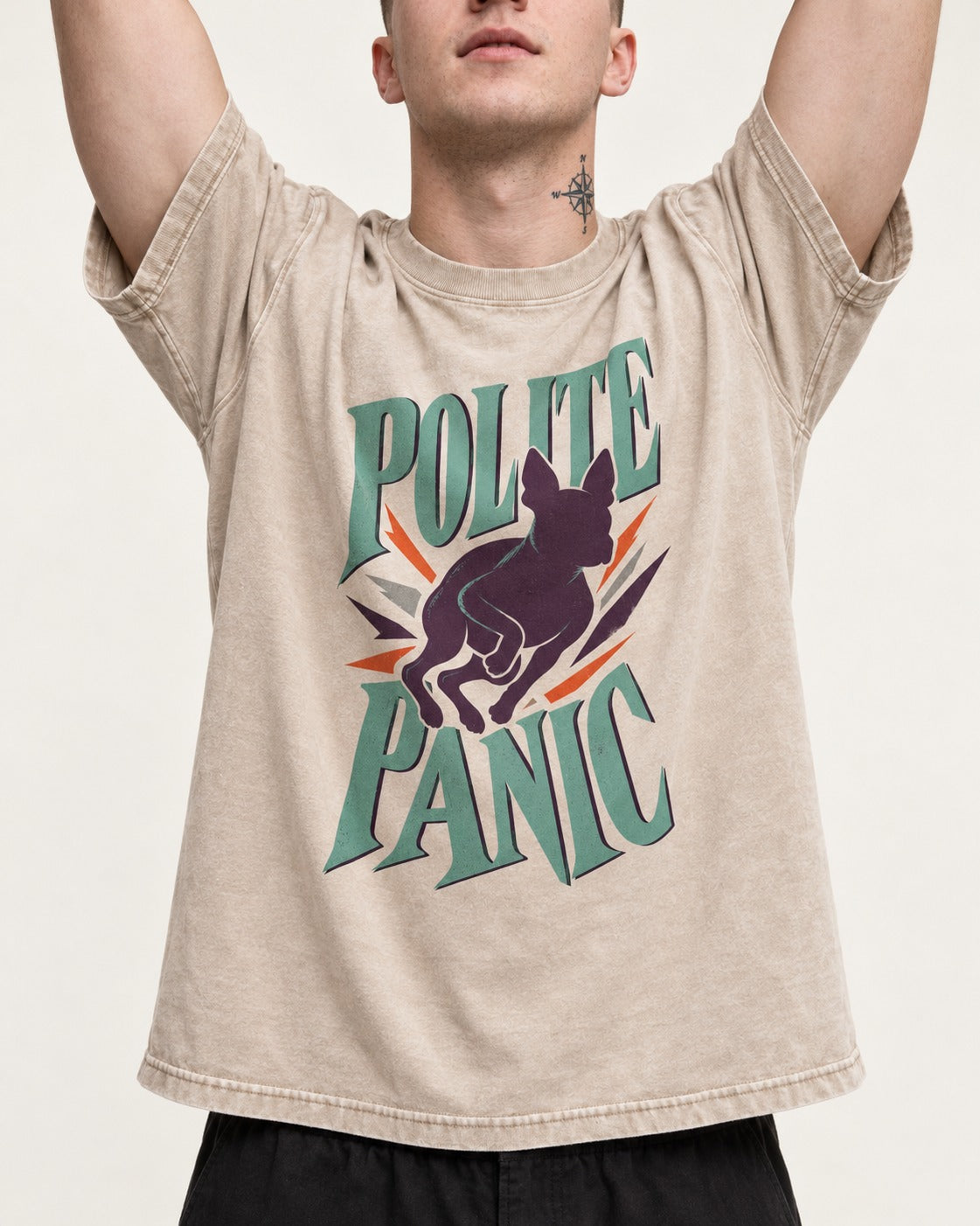 Polite Panic Boston Terrier Washed Tee in Apricot, worn by a model, front view