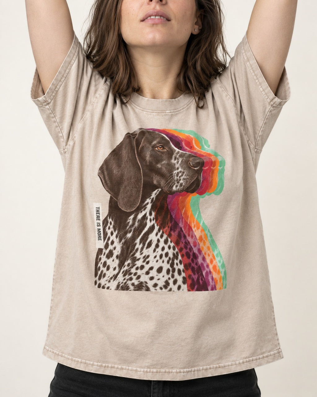 There Is More German Shorthaired Pointer Washed Tee in Apricot, worn by a model, front view
