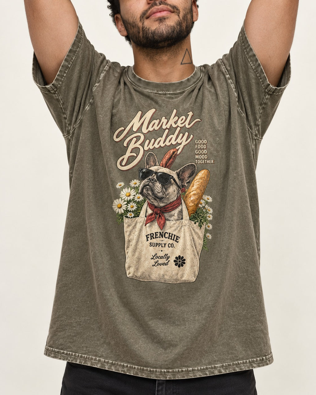 Frenchie Market Buddy Grocery Tote Graphic Washed Tee in Army Green, worn by a model, front view
