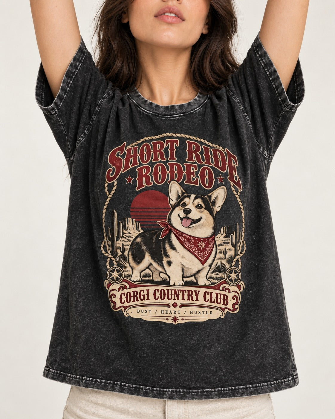 Corgi Short Ride Rodeo Country Club Badge Washed Tee in Black, worn by a model, front view