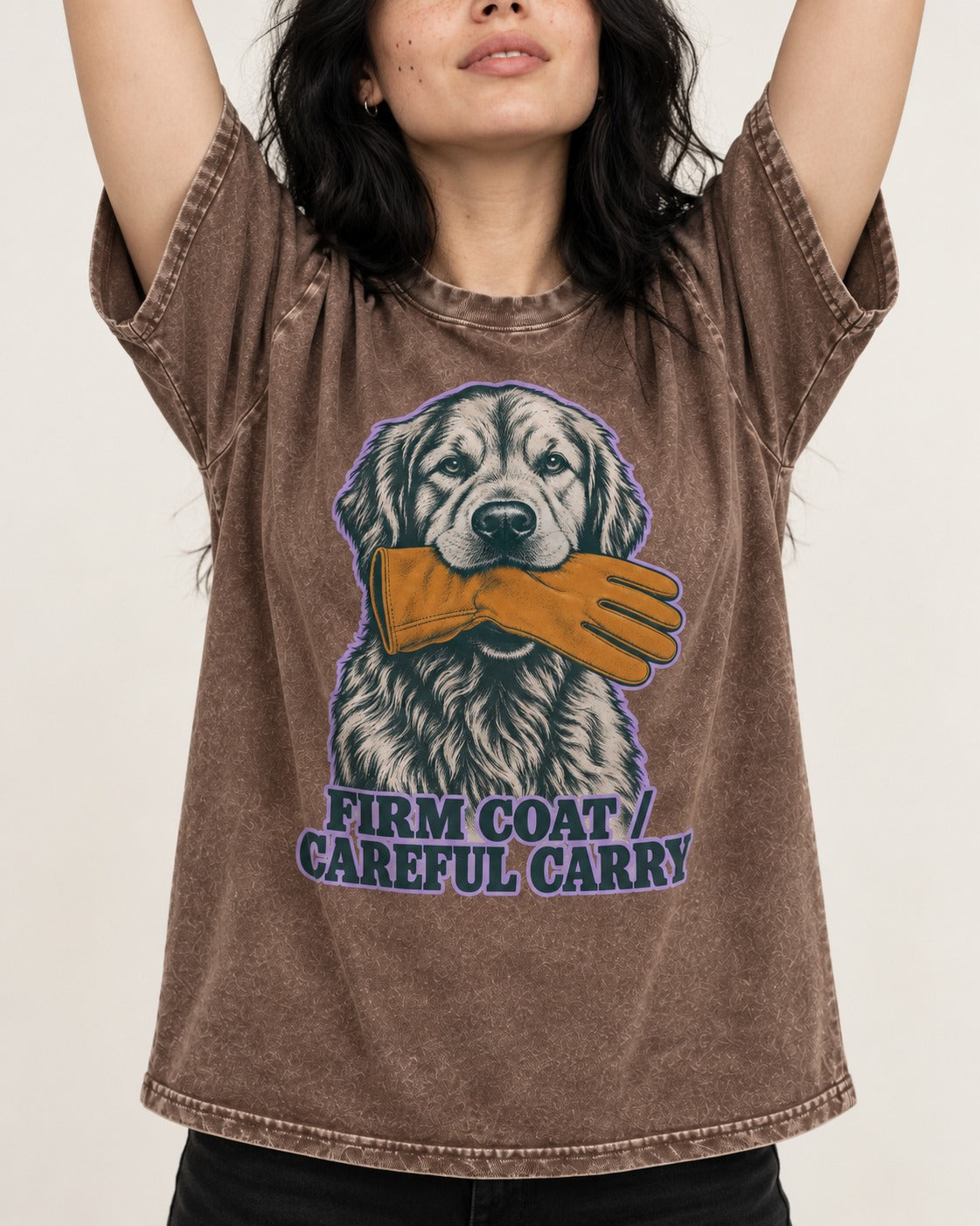 Golden Retriever Firm Coat Careful Carry Washed Tee in Coffee, worn by a model, front view