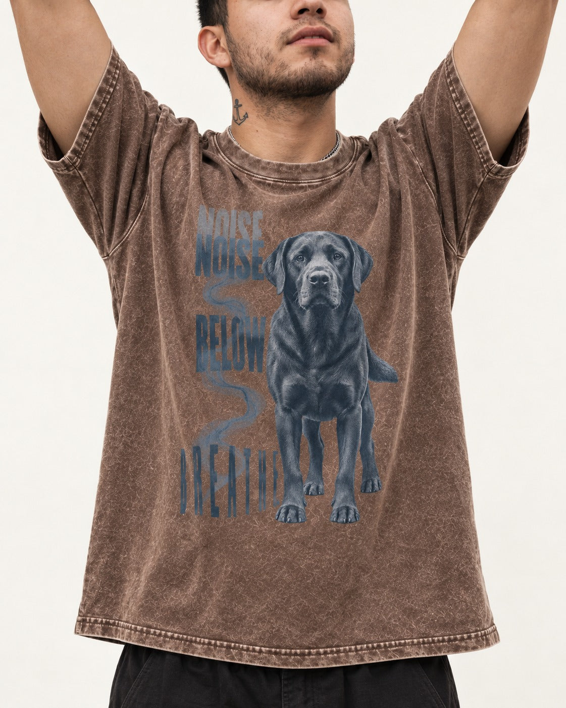 Labrador Retriever Breathe Below the Noise Washed Tee in Coffee, worn by a model, front view