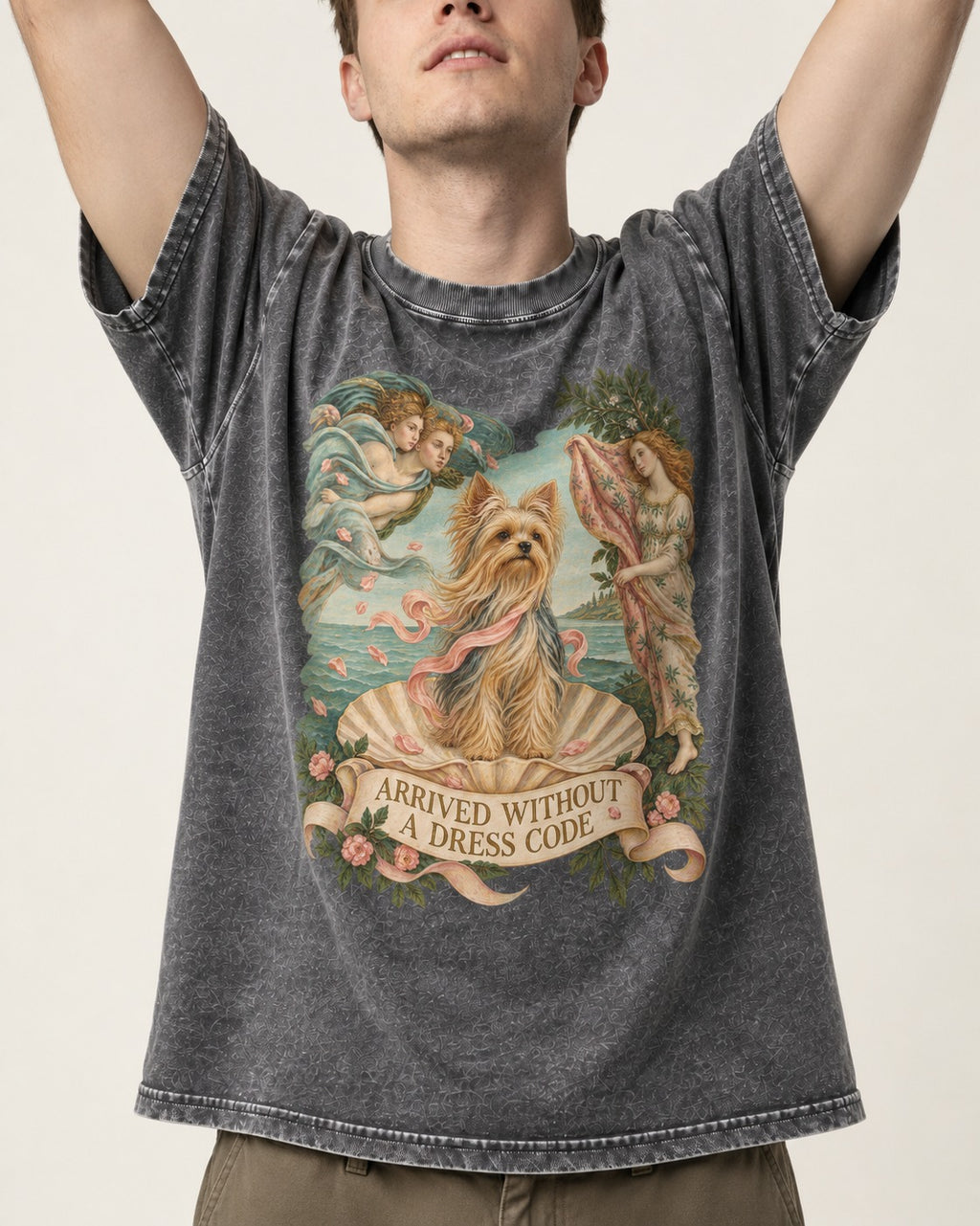 Yorkshire Terrier Arrived Without a Dress Code Venus Graphic Washed Tee in Gray, worn by a model, front view