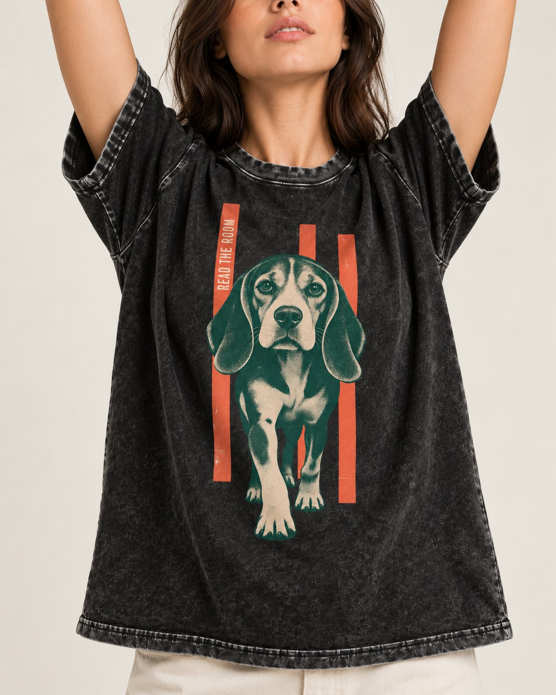 Beagle Before The Move Walking Portrait Washed Tee in Black, worn by a model, front view