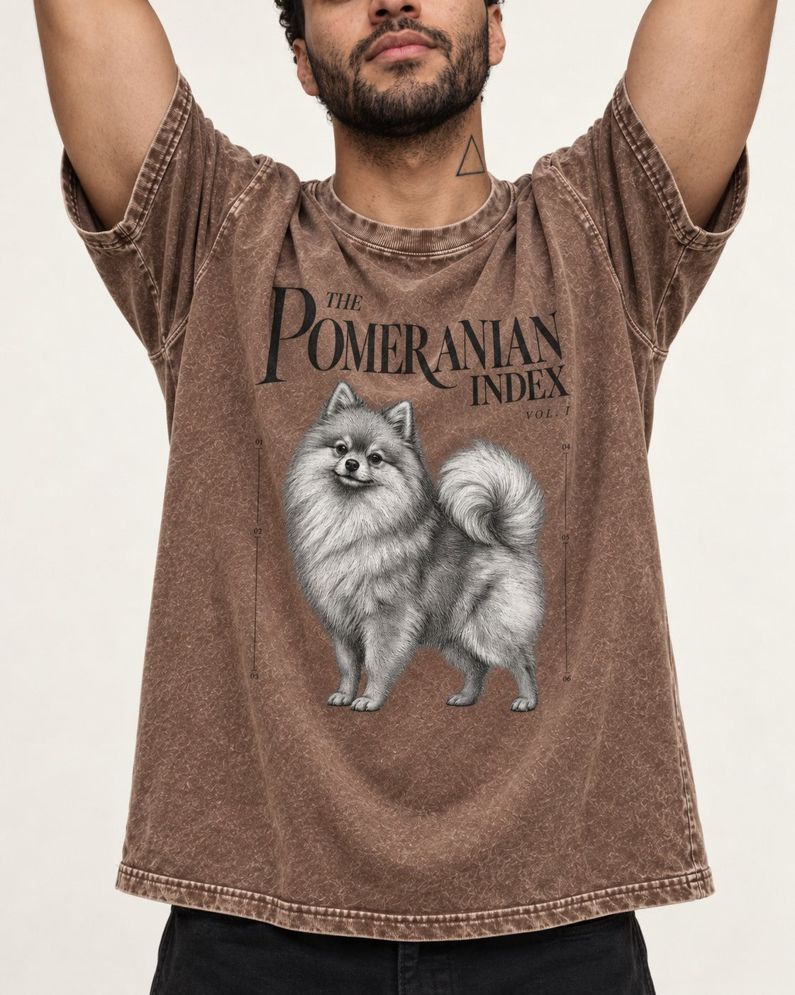 The Pomeranian Index Washed Tee in Coffee, worn by a model, front view