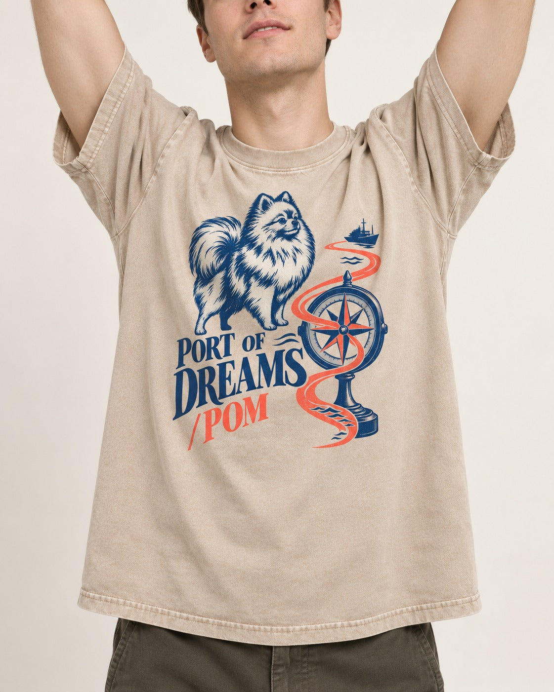 Pomeranian Port of Dreams Washed Tee in Apricot, worn by a model, front view