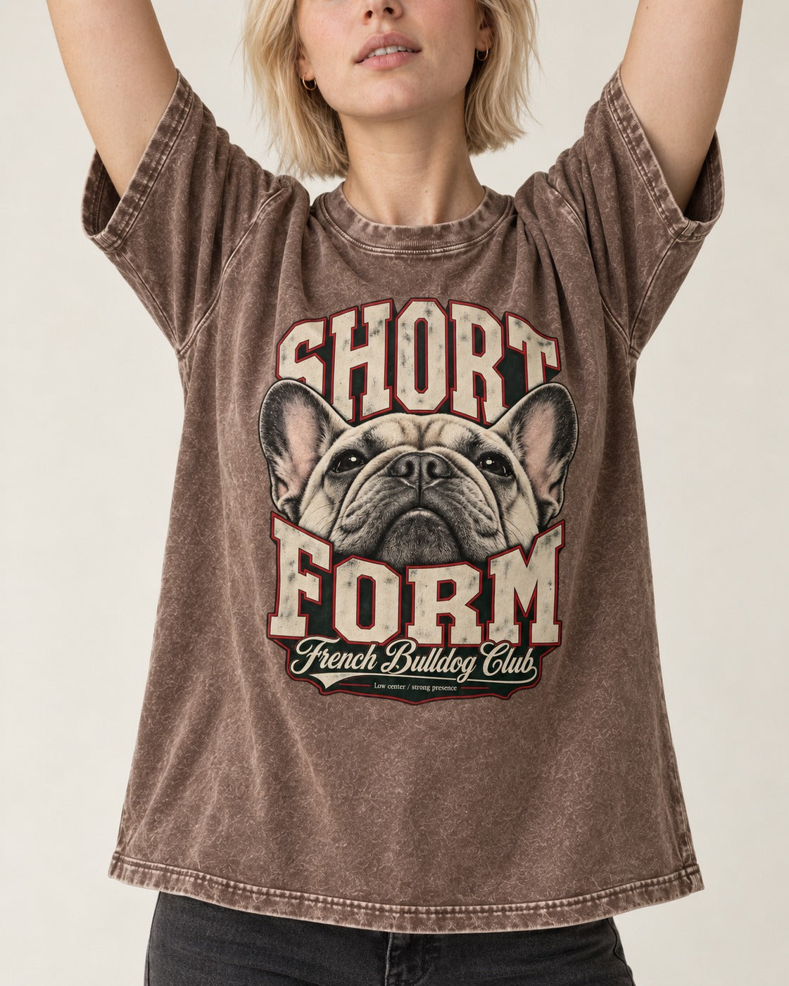 Short Form Frenchie Washed Tee in Coffee, worn by a model, front view