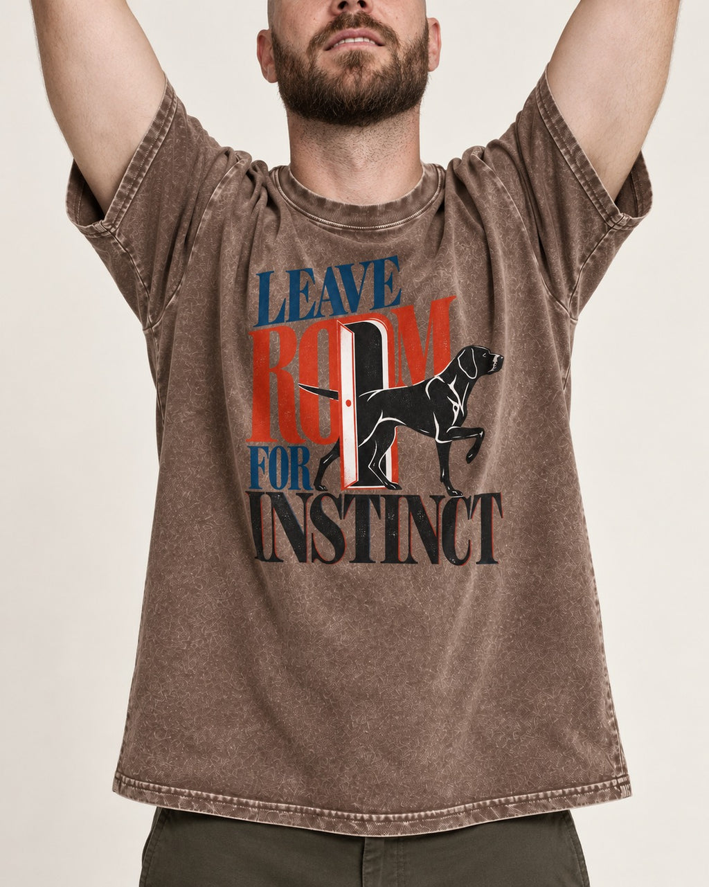 Leave Room for Instinct German Shorthaired Pointer Washed Tee in Coffee, worn by a model, front view