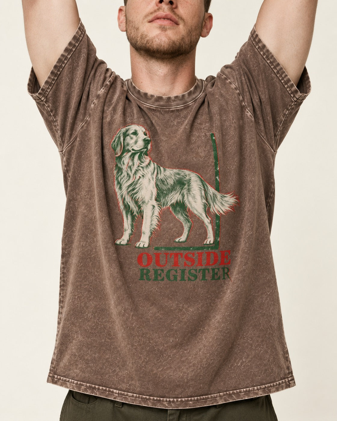 Outside Register Golden Retriever Washed Tee in Coffee, worn by a model, front view