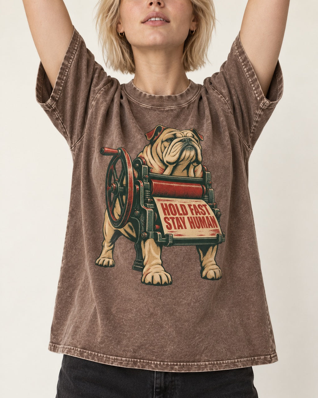Hold Fast Stay Human English Bulldog Washed Tee in Coffee, worn by a model, front view