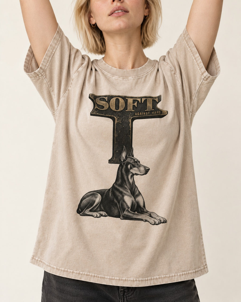 Soft Against Hard Doberman Washed Tee in Apricot, worn by a model, front view