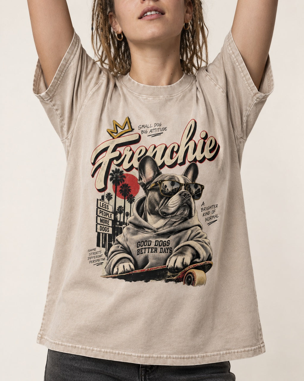 Frenchie Better Days Washed Tee in Apricot, worn by a model, front view