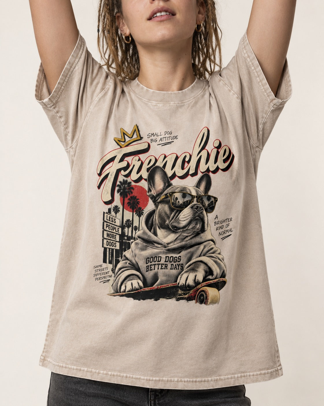 Frenchie Better Days Washed Tee in Apricot, worn by a model, front view