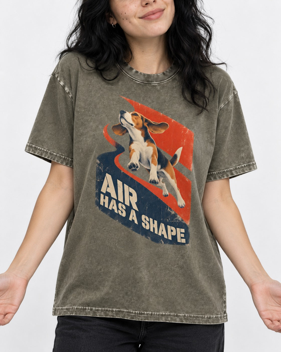 Air Has A Shape Beagle Jumping Graphic Washed Tee in Army Green, worn by a model, front view