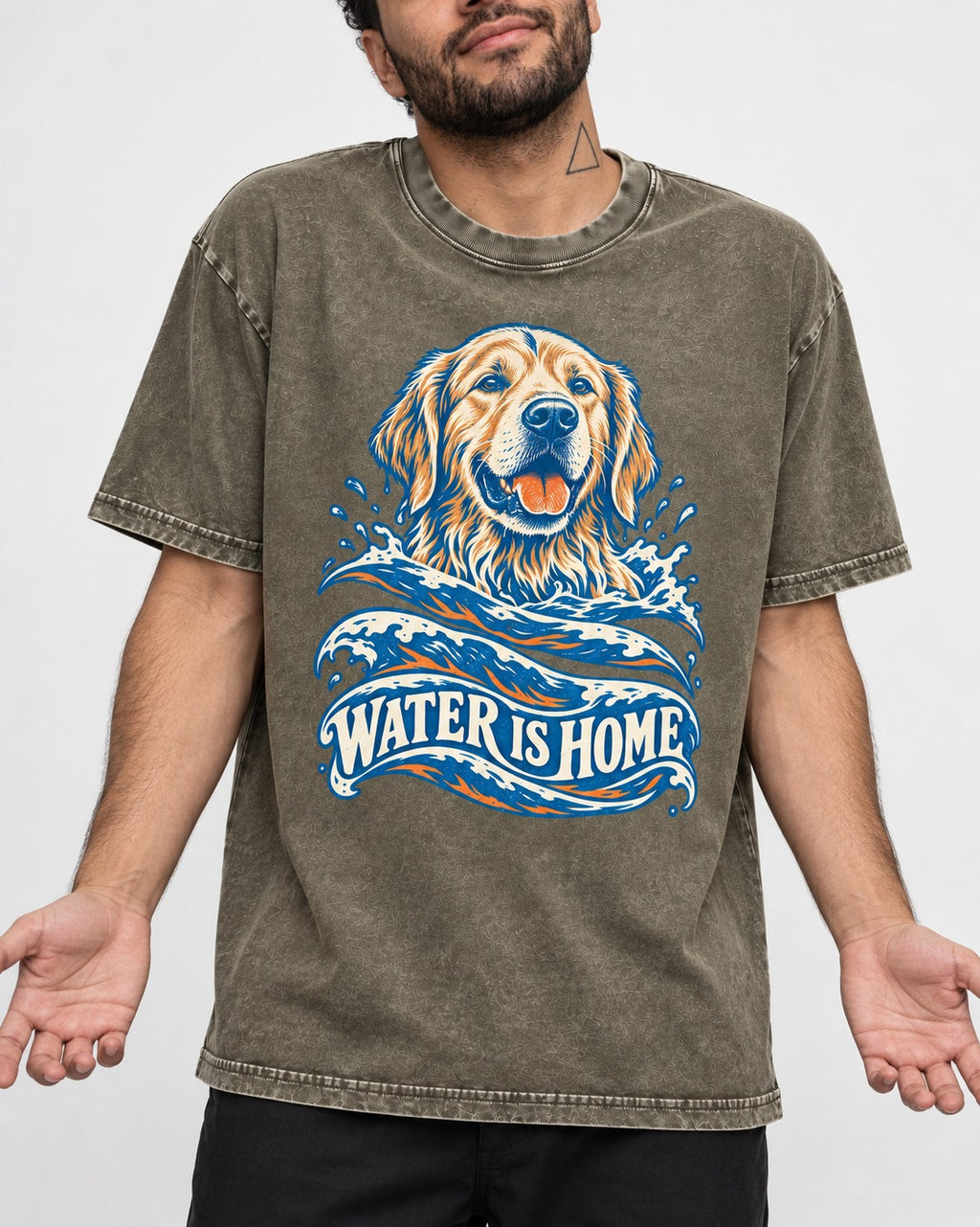 Golden Retriever Water Is Home Ocean Wave Graphic Washed Tee in Army Green, worn by a model, front view