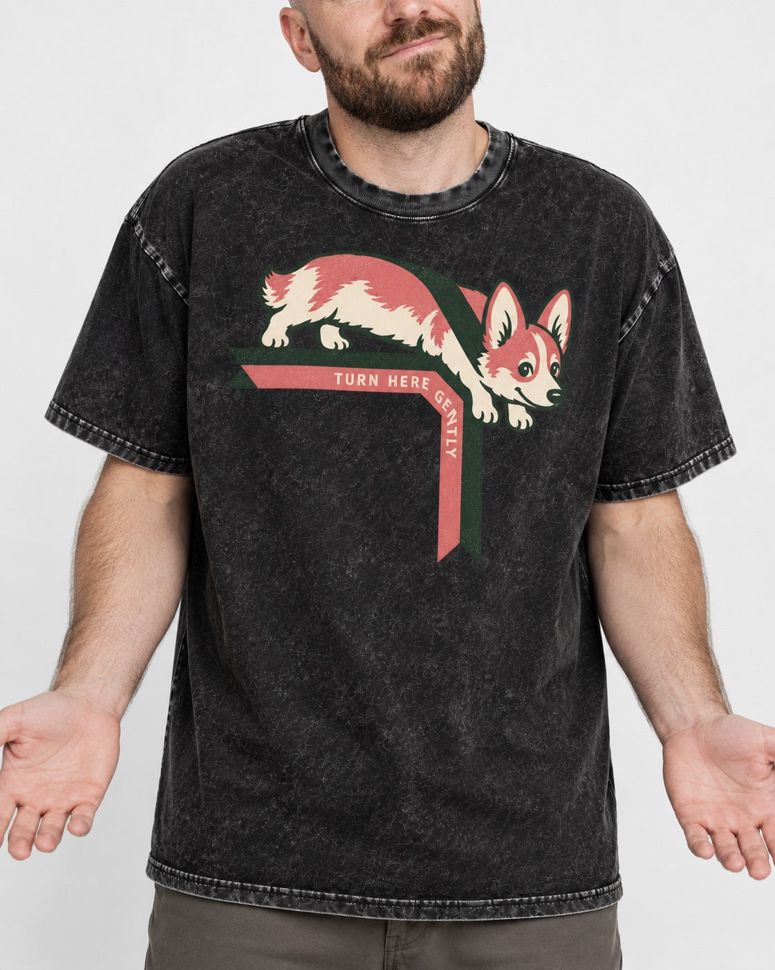 Corgi Turn Here Gently Washed Tee in Black, worn by a model, front view