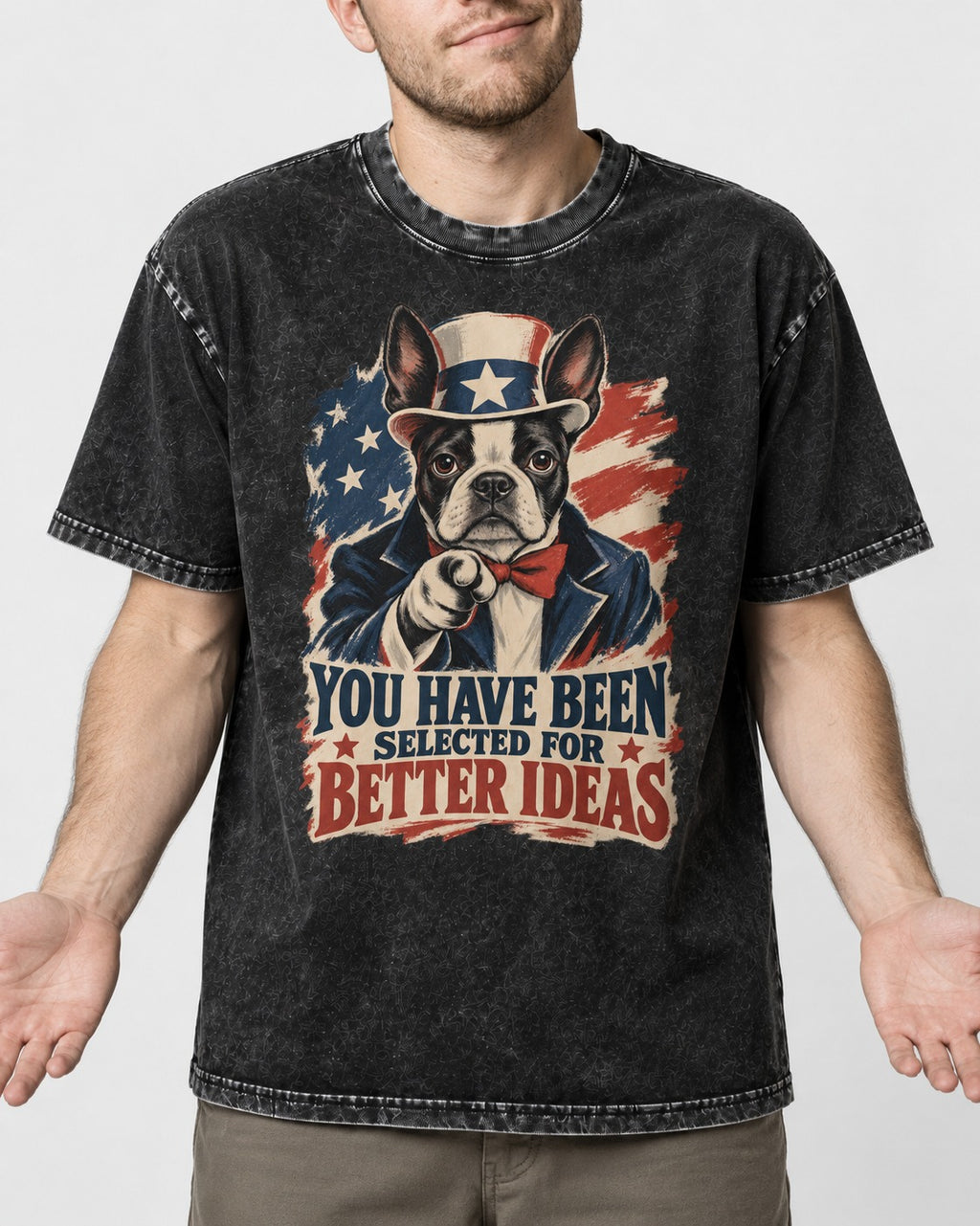 You Have Been Selected for Better Ideas Boston Terrier Washed Tee in Black, worn by a model, front view