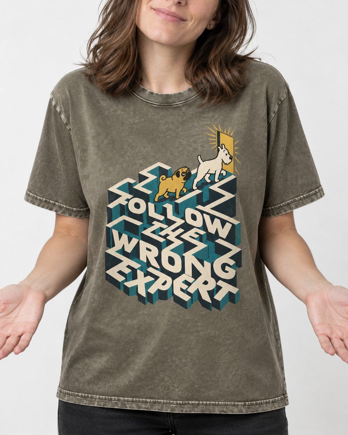 Pug Follow the Wrong Expert Isometric Maze Graphic Washed Tee in Army Green, worn by a model, front view