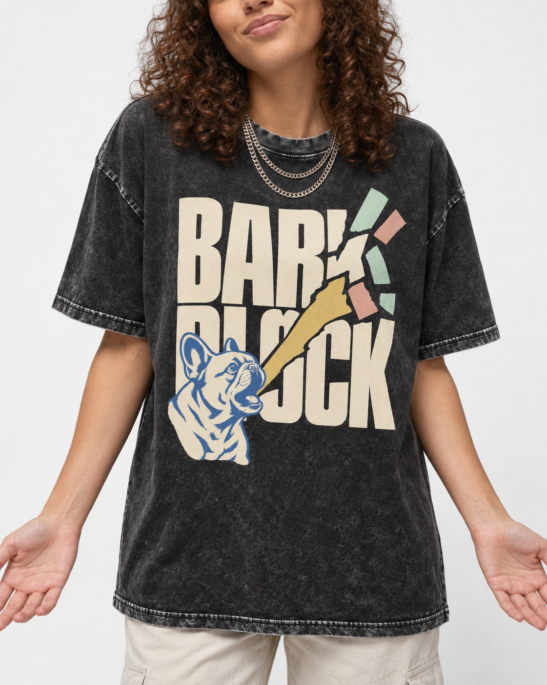 Frenchie Bark Breaks Bark Block Graphic Washed Tee in Black, worn by a model, front view