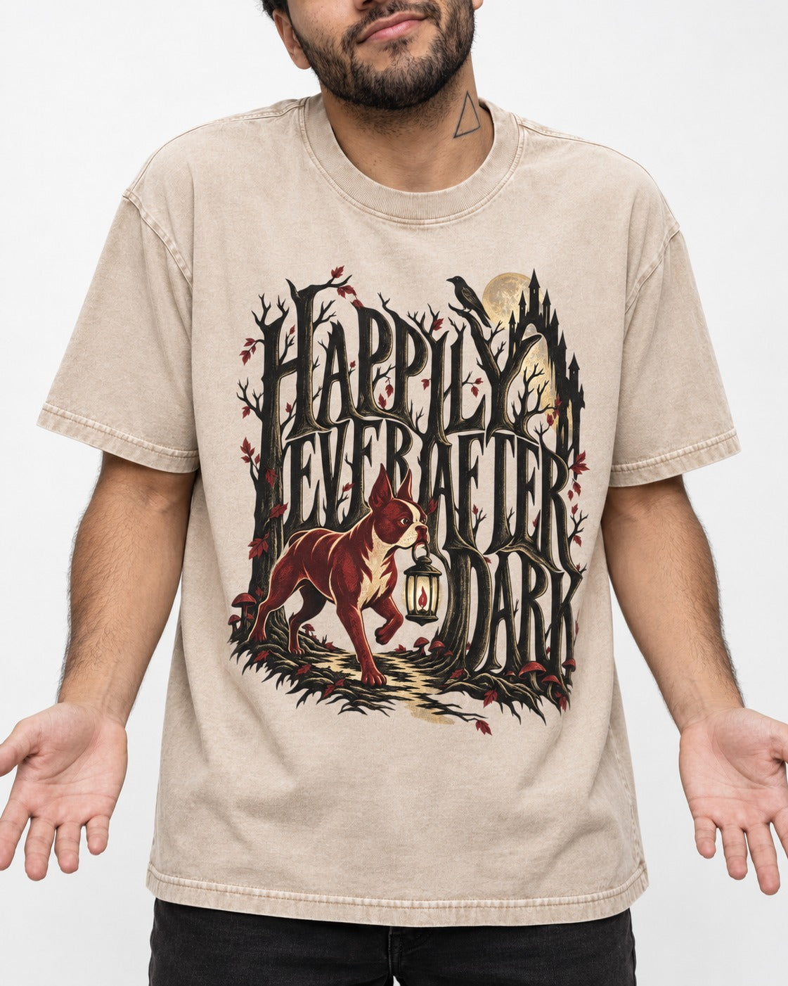 Happily Ever After Dark Boston Terrier Washed Tee in Apricot, worn by a model, front view
