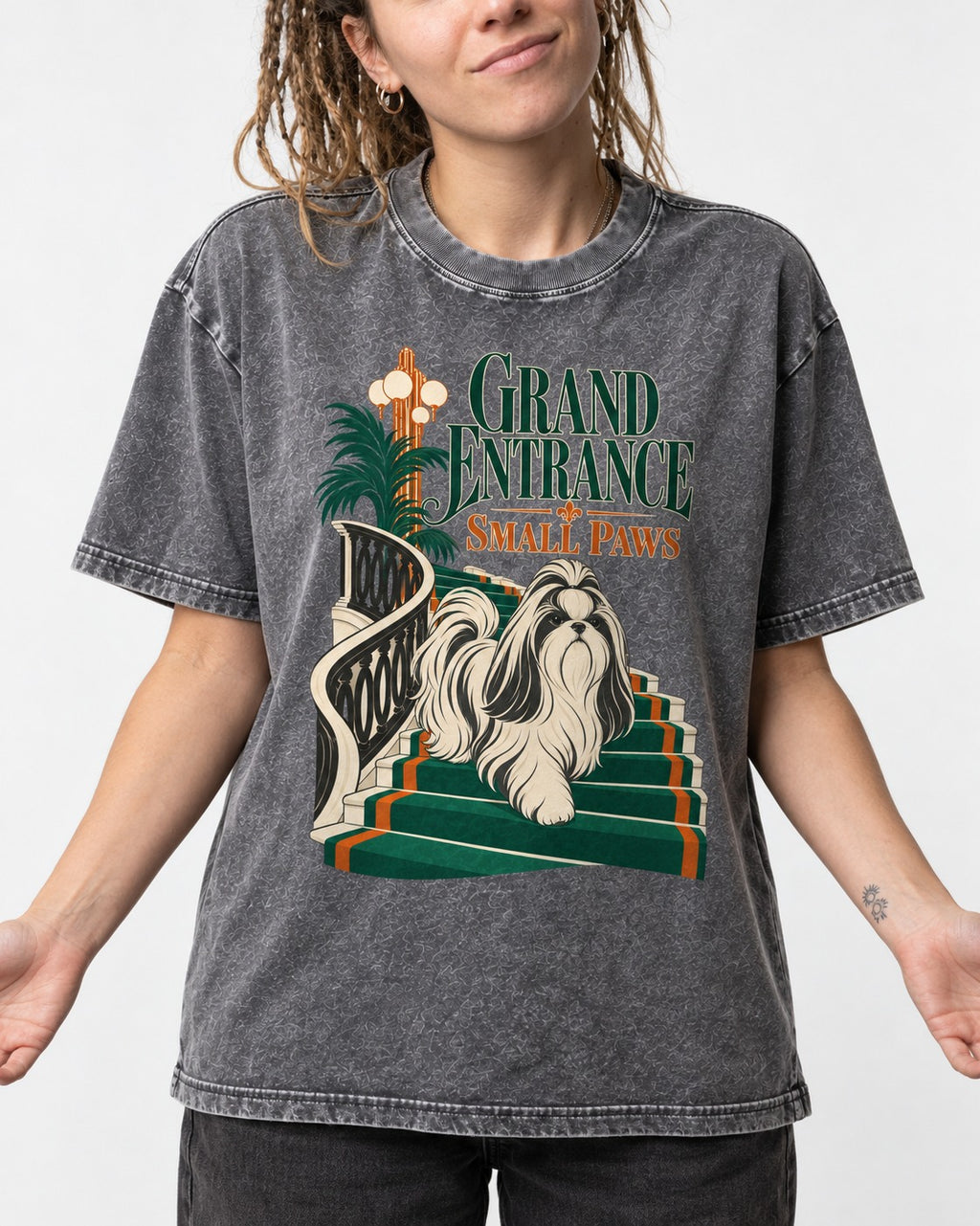 Shih Tzu Grand Entrance Small Paws Staircase Graphic Washed Tee in Gray, worn by a model, front view