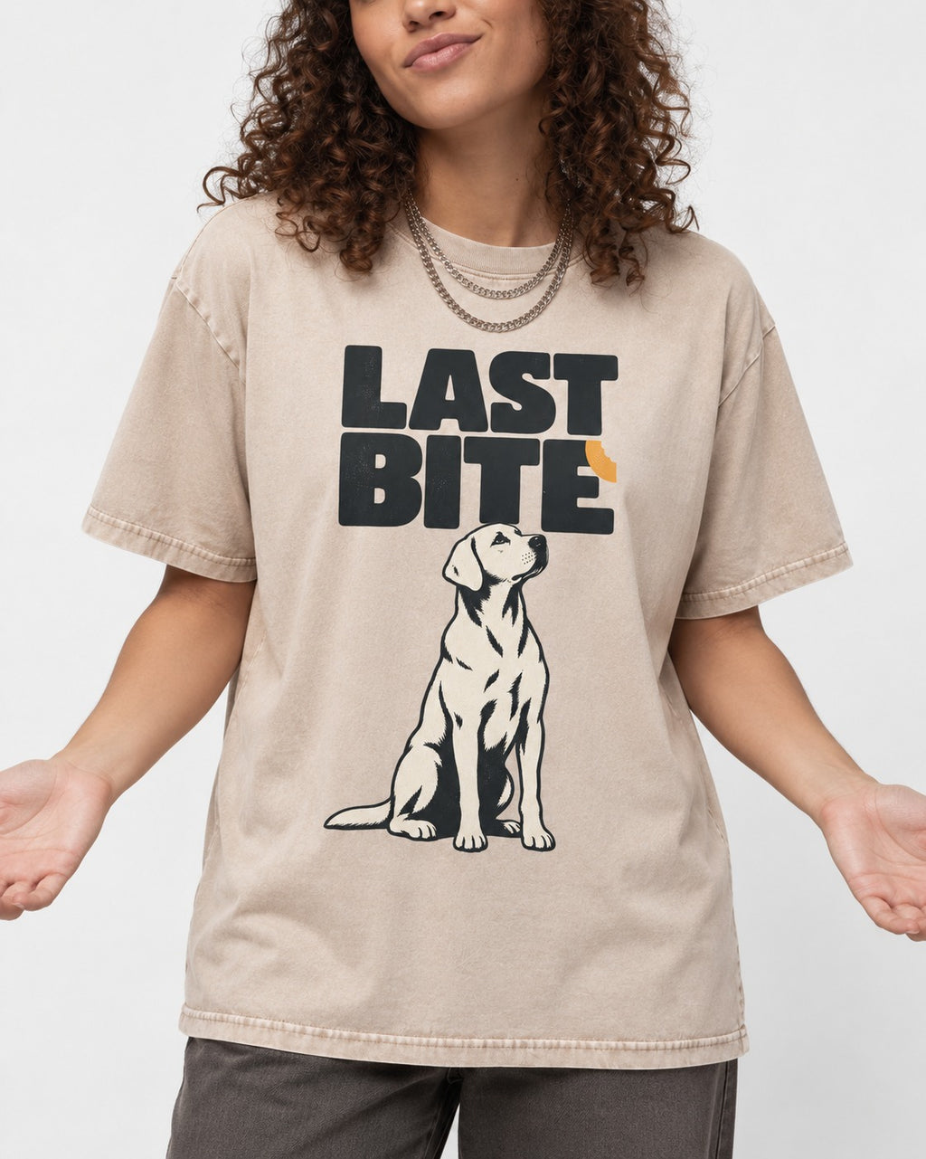 Labrador Retriever's Last Bite Washed Tee in Apricot, worn by a model, front view